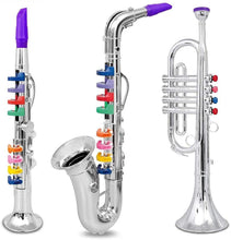 Charger l&#39;image dans la galerie, Set of 3 Kids Musical Instruments Toy Clarinet, Toy Saxophone and Toy Trumpet, 3 Wind and Brass Musical Instruments Combo with Over 10 Color Keys Coded Teaching Songs for Toddlers

