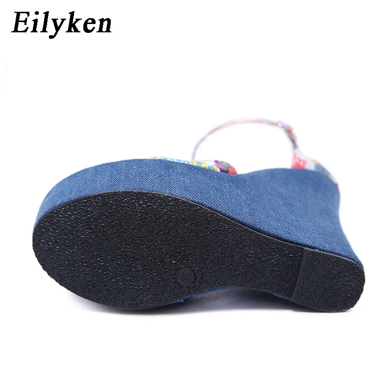 Eilyken Fashion Designer Print Denim Sandals Woman Roman Wedges High Heels Peep Toe Platform Shoes Zapatos De Mujer