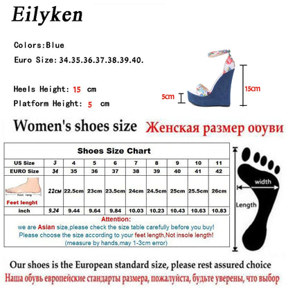 Eilyken Fashion Designer Print Denim Sandals Woman Roman Wedges High Heels Peep Toe Platform Shoes Zapatos De Mujer