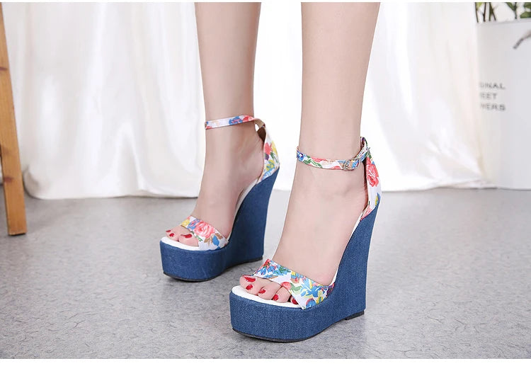 Eilyken Fashion Designer Print Denim Sandals Woman Roman Wedges High Heels Peep Toe Platform Shoes Zapatos De Mujer