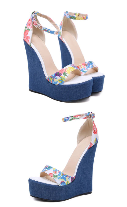 Eilyken Fashion Designer Print Denim Sandals Woman Roman Wedges High Heels Peep Toe Platform Shoes Zapatos De Mujer