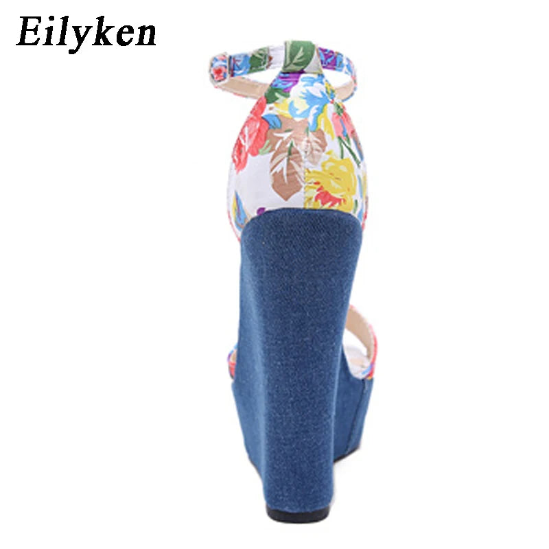 Eilyken Fashion Designer Print Denim Sandals Woman Roman Wedges High Heels Peep Toe Platform Shoes Zapatos De Mujer