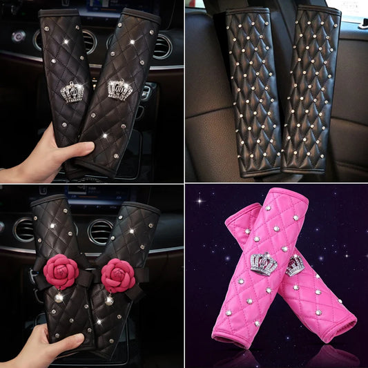 2pcs Fashion Rhinestone Leather Car Sefety Seat Belt Cover Crystal Crown Universal Shoulder Pad Car Styling Interior Accessories