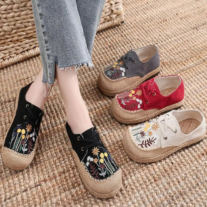 Flower Embroidered Women Handmade Linen Cotton Slip On Espadrilles Loafers Comfortable Sneakers Casual Walking Shoes 2024