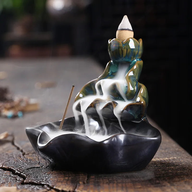 Backflow Incense Burner Aroma Diffuser Household Decoration Accessories, Zen Lotus Leaf Lotus Waterfall Backflow Incense Stand