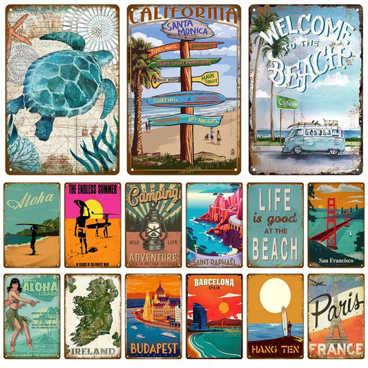 Vintage Summer Beach Metal Signs Famous City Landscape Poster Tin Sign Plate Retro Wall Art Decor For Living Room Home Seaside