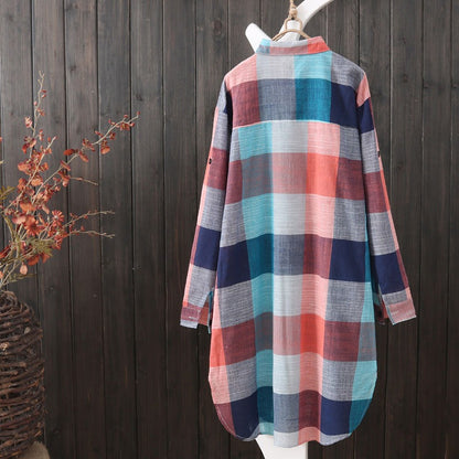 Casual Plaid Cotton Mid Length Shirt Fashion Women Loose Button 2023 Fall Blouse Long Sleeve Winter  Sunscreen Plaid Shirt