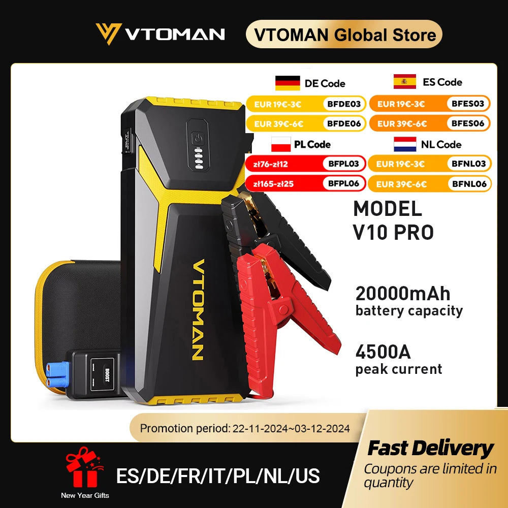 VTOMAN Power Bank 20000mAh Jump Starter Portable Charger Car Booster 4500A Auto Starting Device Emergency Car Battery Starter