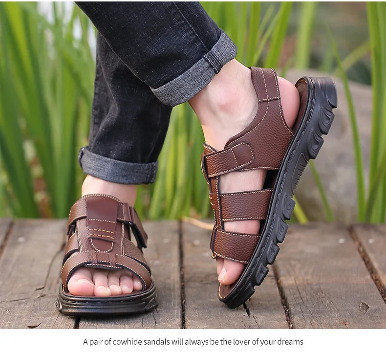 Luxury Men Sandals Cowhide Sandals for Men 2024 Summer Non-Slip Thick-soled Beach Shoes Handmade Leather Leisure Men's Sneakers