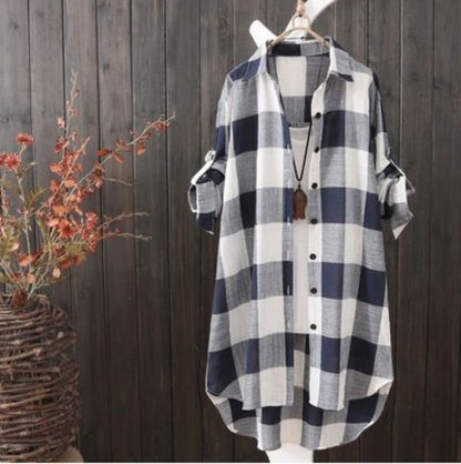 Casual Plaid Cotton Mid Length Shirt Fashion Women Loose Button 2023 Fall Blouse Long Sleeve Winter  Sunscreen Plaid Shirt