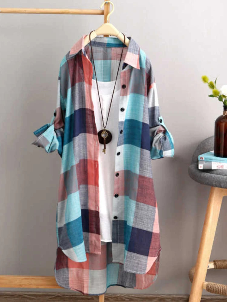 Casual Plaid Cotton Mid Length Shirt Fashion Women Loose Button 2023 Fall Blouse Long Sleeve Winter  Sunscreen Plaid Shirt