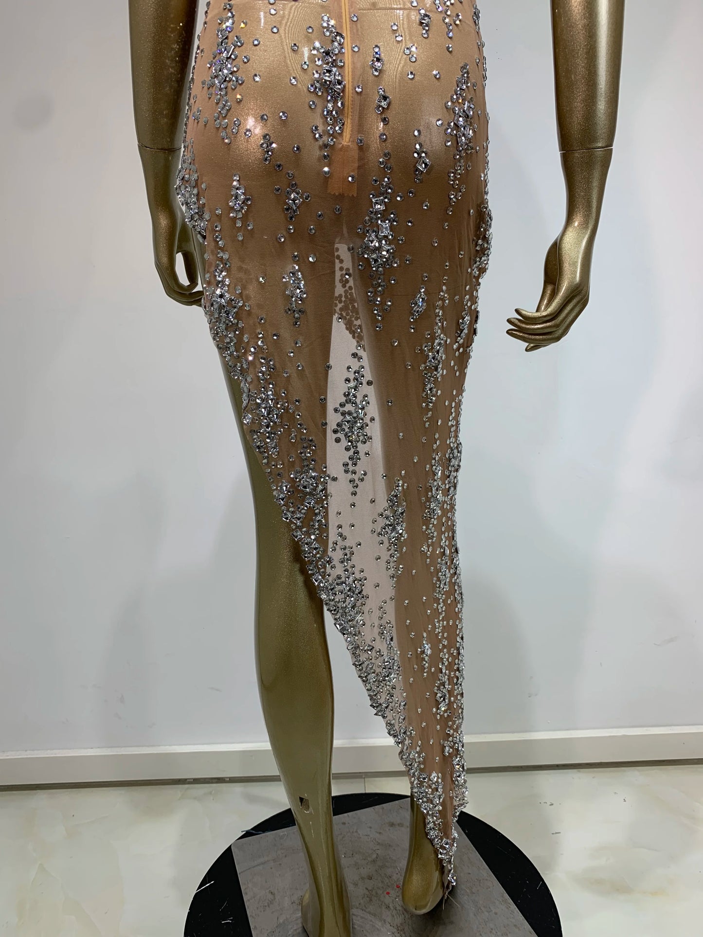 Stock Sparkly Rhinestone Evening Dress Women Celebrity Birthday Wear Sexy See Through Mesh Photo Shoot Stage performance Costume