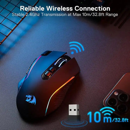 Redragon M810 Pro Wireless Gaming Mouse, 10000 DPI Wired Gamer Mouse w/ Rapid Fire Key, 8 Macro Buttons, Black/White Mouse