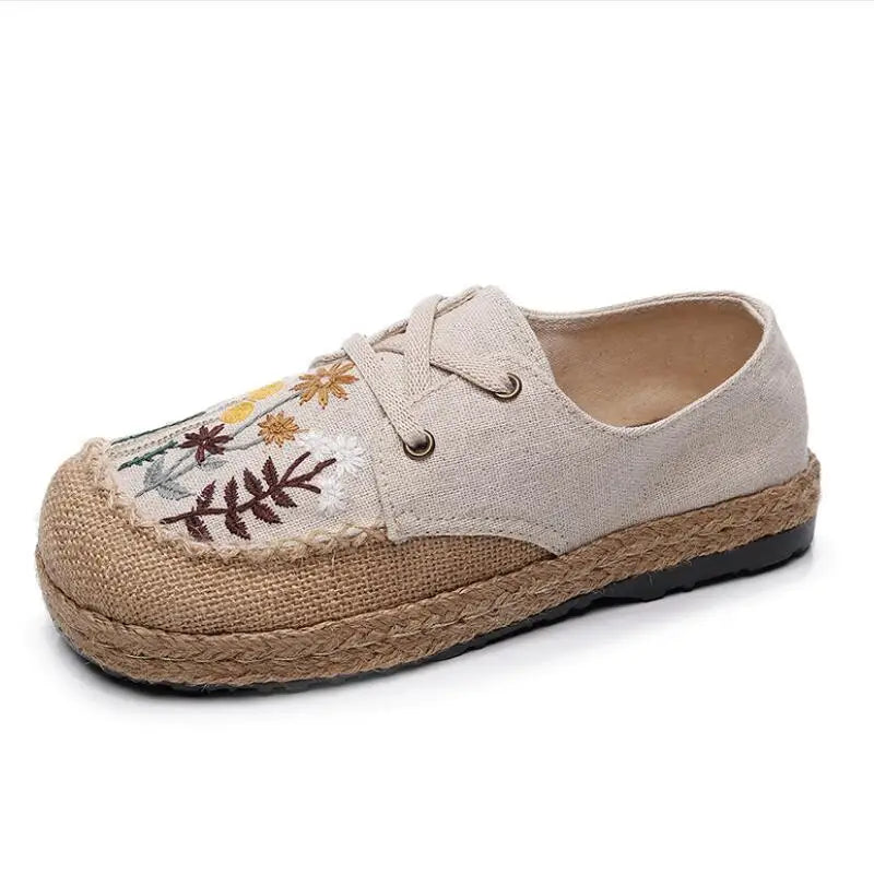 Flower Embroidered Women Handmade Linen Cotton Slip On Espadrilles Loafers Comfortable Sneakers Casual Walking Shoes 2024