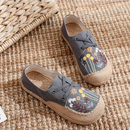 Flower Embroidered Women Handmade Linen Cotton Slip On Espadrilles Loafers Comfortable Sneakers Casual Walking Shoes 2024