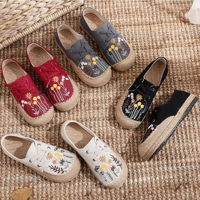 Flower Embroidered Women Handmade Linen Cotton Slip On Espadrilles Loafers Comfortable Sneakers Casual Walking Shoes 2024