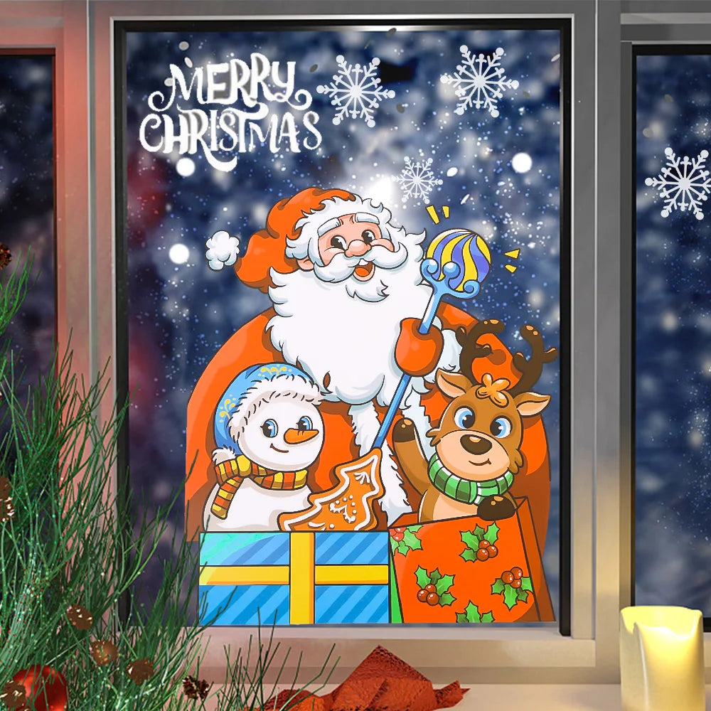 Christmas Window Stickers PVC Mirror Sticker Santa Snowman Glass Sticker DIY Christmas Ornament Home New Year Party Decorations