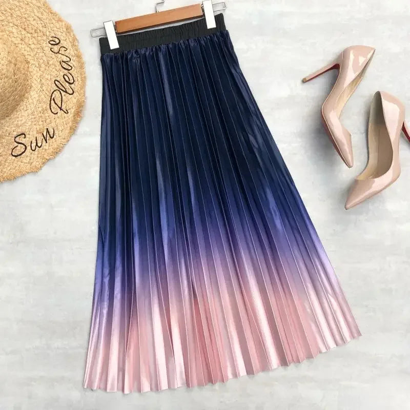 Seoulish 2024 New Elegant Gradient Stain Women's Pleated Skirts High Waist Skirts Mi-long Umbrella Skirt Spring Summer