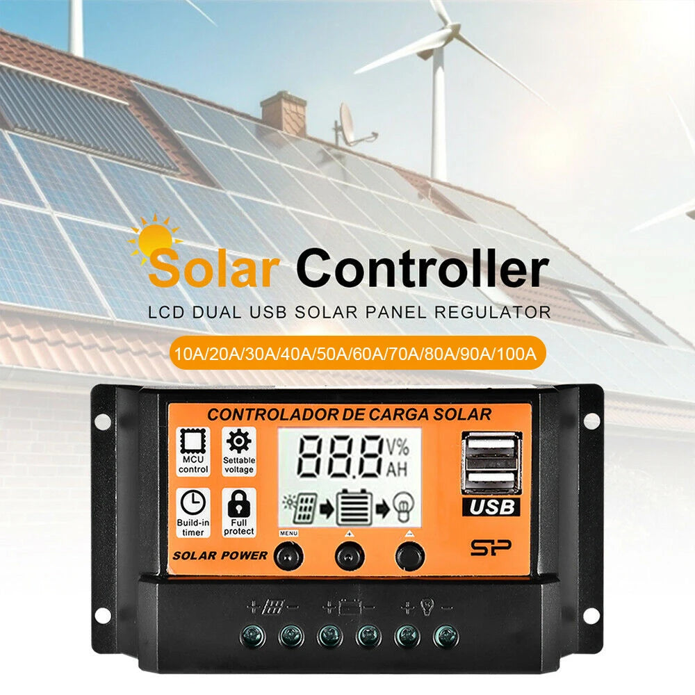 Solar Charge Controller USB Port 12V/24V MPPT/PWM 10A-100A Solar Panel Dual Electrical Equipment Auto Paremeter Adjustable Tools