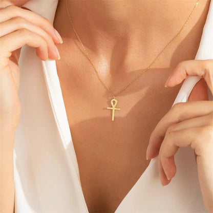 Vintage Stainless Steel Egyptian Ankh Amulet Necklace Cross Pendant Female Religious Collar Chain Fashion Jewelry for Women