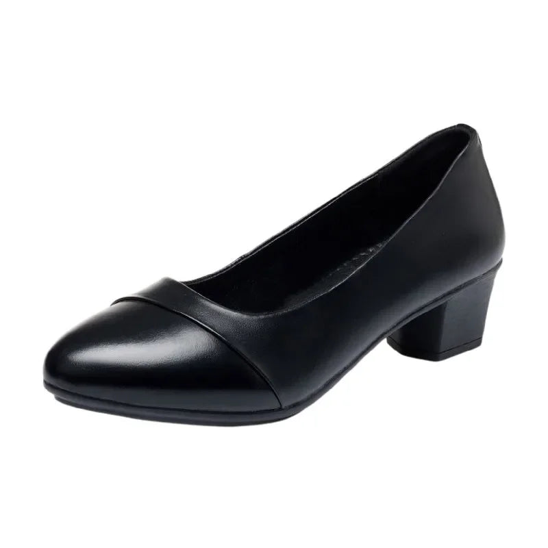 Shoes Women Mid Heel  Office Lady Pumps PU Leather Black Basic Square Heeled Spring Autumn Loafers Female Zapatos