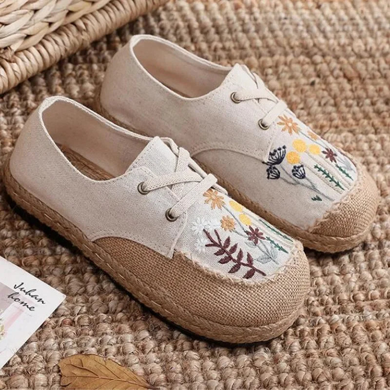 Flower Embroidered Women Handmade Linen Cotton Slip On Espadrilles Loafers Comfortable Sneakers Casual Walking Shoes 2024