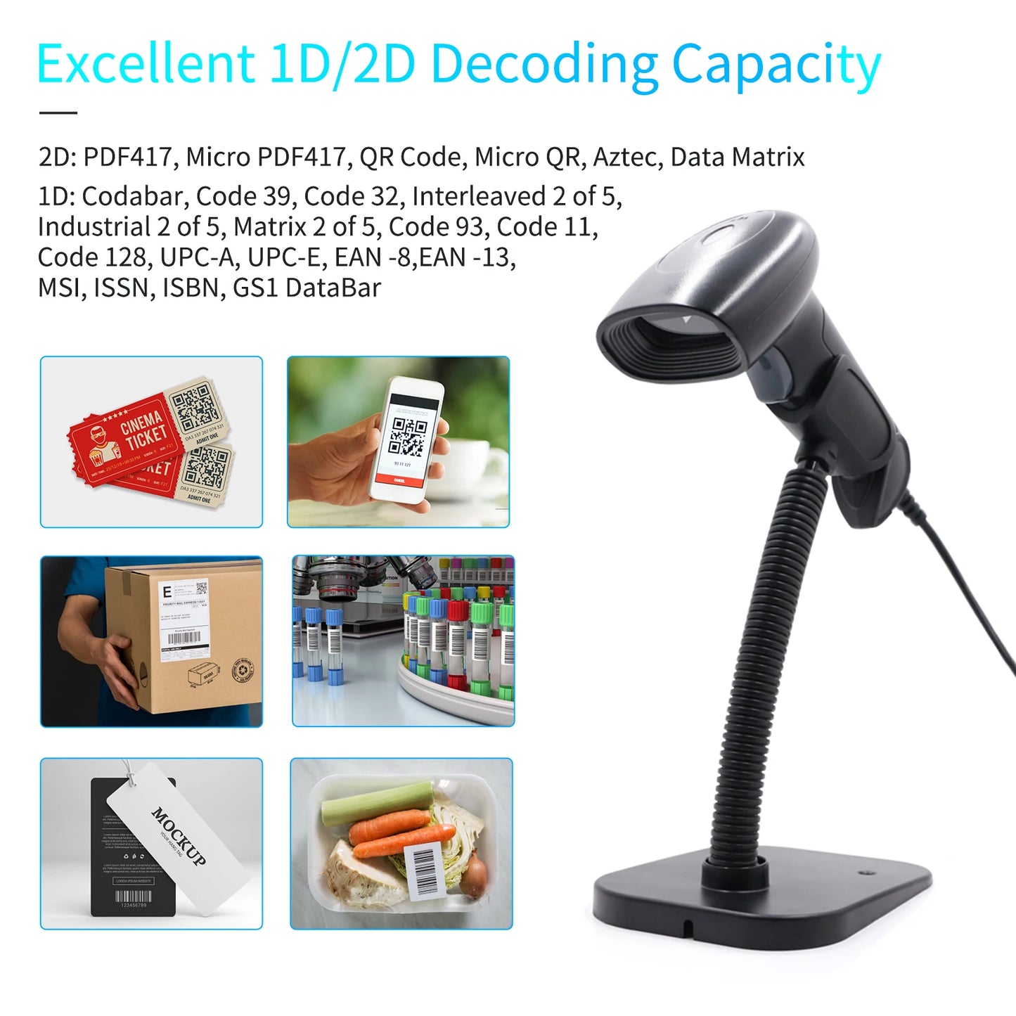 USB Barcode Scanner 1D 2D QR Handheld Wired Code Reader Stand Screen Code for Windows XP/7/8/10 Android Linux for Library Retail