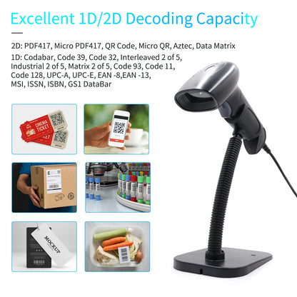 USB Barcode Scanner 1D 2D QR Handheld Wired Code Reader Stand Screen Code for Windows XP/7/8/10 Android Linux for Library Retail