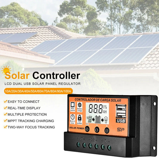 Solar Charge Controller USB Port 12V/24V MPPT/PWM 10A-100A Solar Panel Dual Electrical Equipment Auto Paremeter Adjustable Tools