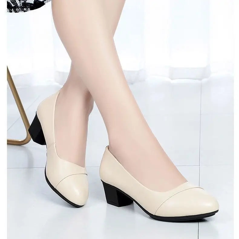 Shoes Women Mid Heel  Office Lady Pumps PU Leather Black Basic Square Heeled Spring Autumn Loafers Female Zapatos