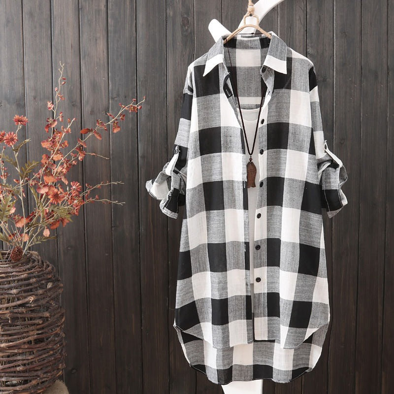 Casual Plaid Cotton Mid Length Shirt Fashion Women Loose Button 2023 Fall Blouse Long Sleeve Winter  Sunscreen Plaid Shirt