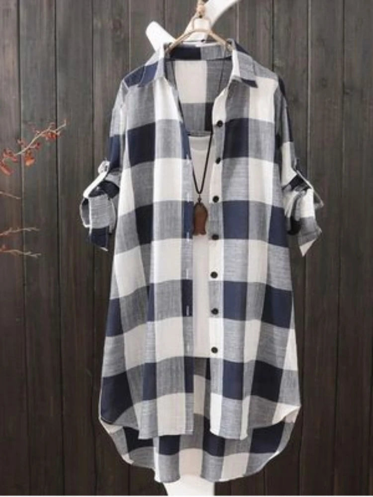 Casual Plaid Cotton Mid Length Shirt Fashion Women Loose Button 2023 Fall Blouse Long Sleeve Winter  Sunscreen Plaid Shirt