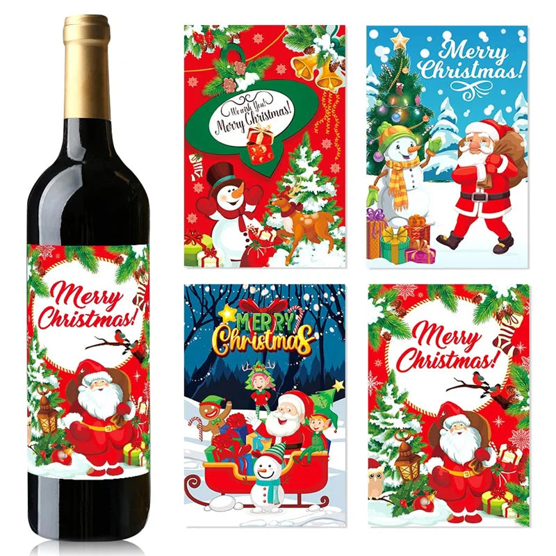 8Pcs Christmas Wine Bottle Stickers Bar Beverage Bottle Label Santa Claus Merry Xmas Wine Bottle Labels Party Decor