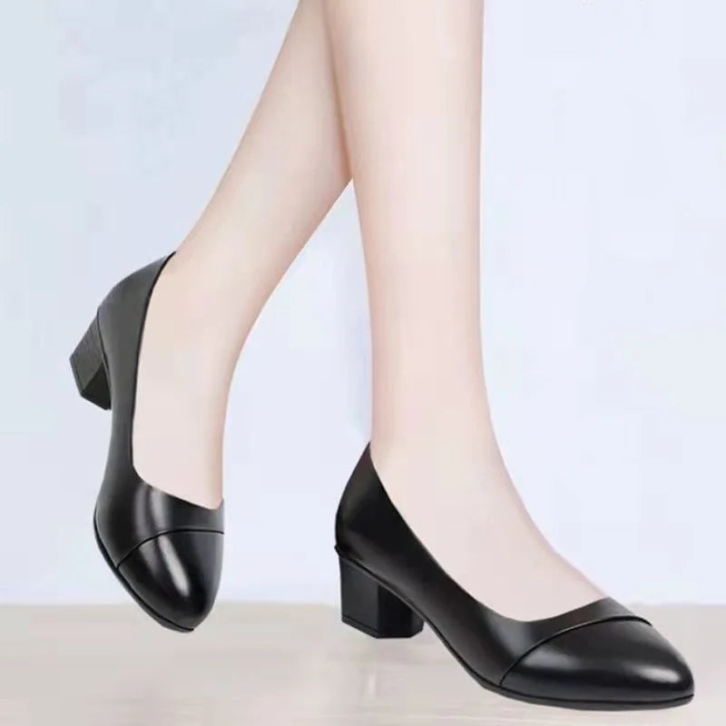 Shoes Women Mid Heel  Office Lady Pumps PU Leather Black Basic Square Heeled Spring Autumn Loafers Female Zapatos