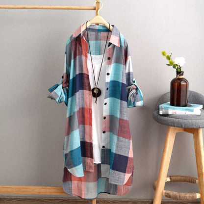 Casual Plaid Cotton Mid Length Shirt Fashion Women Loose Button 2023 Fall Blouse Long Sleeve Winter  Sunscreen Plaid Shirt