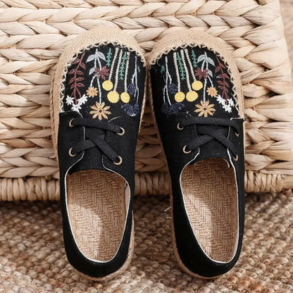 Flower Embroidered Women Handmade Linen Cotton Slip On Espadrilles Loafers Comfortable Sneakers Casual Walking Shoes 2024