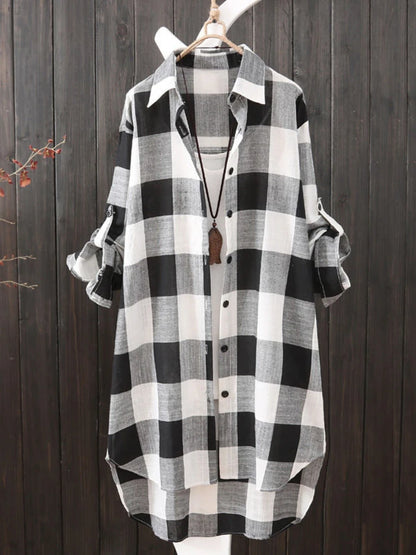 Casual Plaid Cotton Mid Length Shirt Fashion Women Loose Button 2023 Fall Blouse Long Sleeve Winter  Sunscreen Plaid Shirt