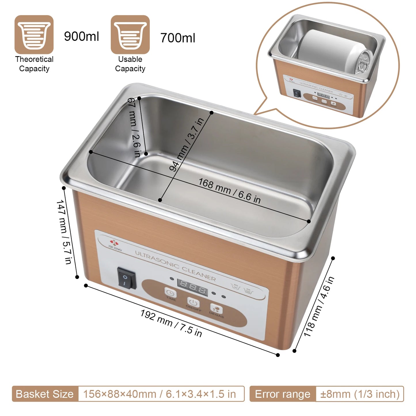 JIEJING 900mL Ultrasonic Cleaner, 60W Power, 40kHz Ultra Sonic Cleaning Machine For Jewelry, Eyeglasses, Watch, Small Parts