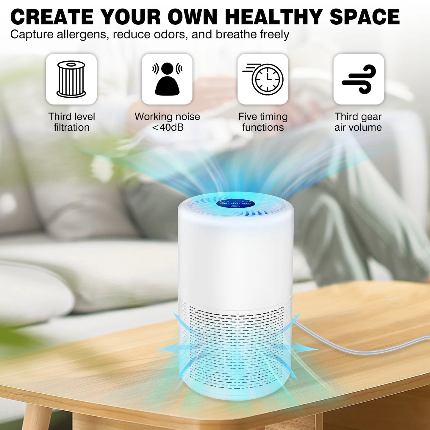 Quiet Air Purifier for Bedroom Home, 11-20㎡, Air Cleaner Air Frenshener Quiet HEPA Filter Cleaner with 3 Speed, Lower than 40dB