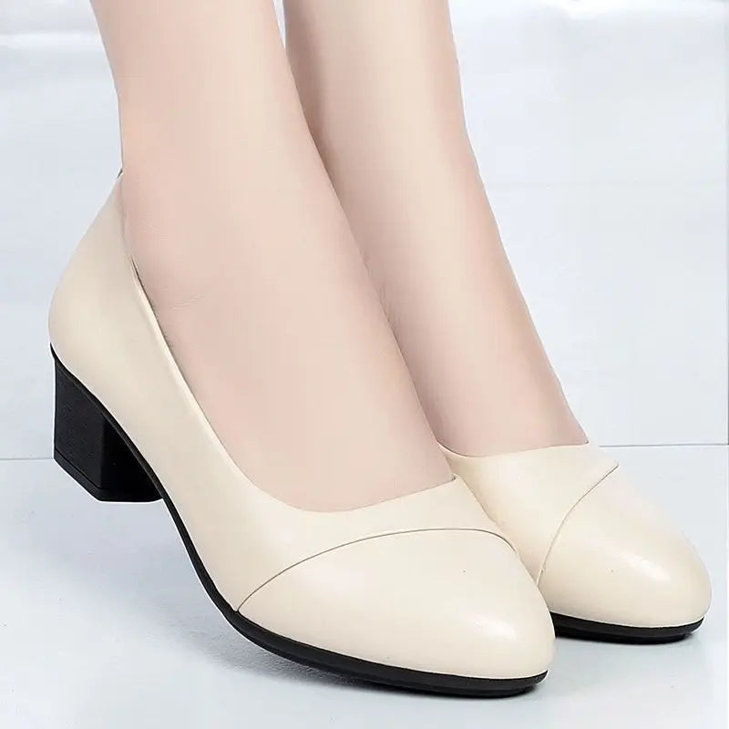 Shoes Women Mid Heel  Office Lady Pumps PU Leather Black Basic Square Heeled Spring Autumn Loafers Female Zapatos