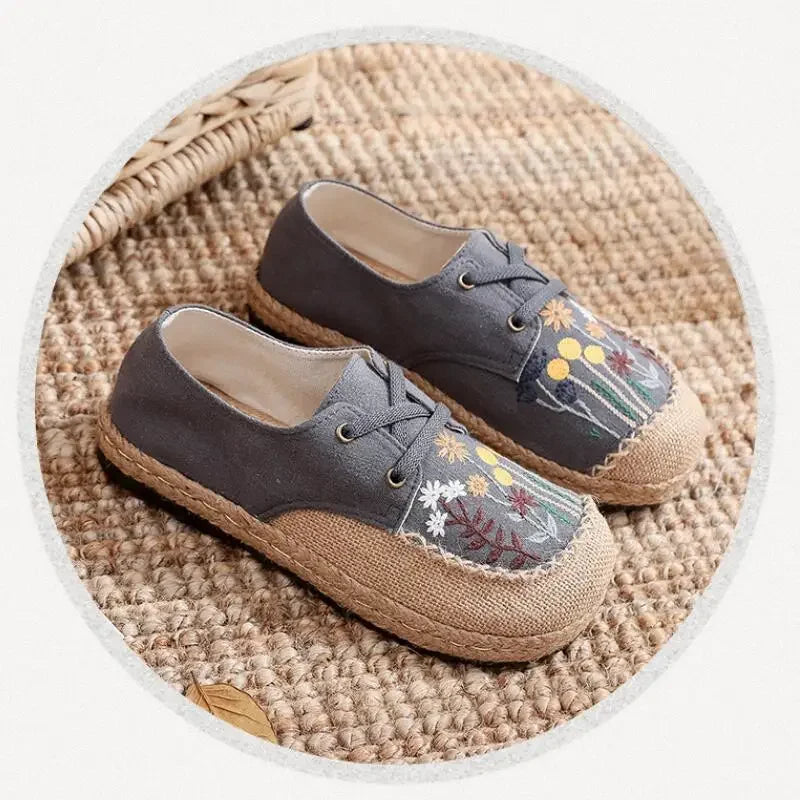 Flower Embroidered Women Handmade Linen Cotton Slip On Espadrilles Loafers Comfortable Sneakers Casual Walking Shoes 2024