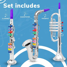 Charger l&#39;image dans la galerie, Set of 3 Kids Musical Instruments Toy Clarinet, Toy Saxophone and Toy Trumpet, 3 Wind and Brass Musical Instruments Combo with Over 10 Color Keys Coded Teaching Songs for Toddlers
