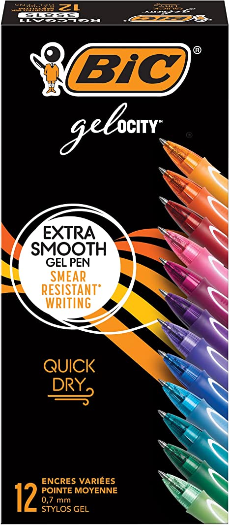 BIC Gel-Ocity Stylos gel à séchage rapide, stylos gel rétractables à pointe moyenne (0,7 mm), stylos gel de couleurs assorties, 12 pièces
