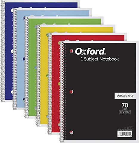 Lot de 6 carnets à spirale Oxford, 1 sujet, papier ligné College, 8 x 10-1/2 pouces, assortiment de couleurs pouvant varier