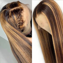 Charger l&#39;image dans la galerie, Ombre Highlight Lace Front Wig Human Hair 4/27 Brown To Blonde 13x4 Lace Frontal Human Hair Wig Pre Plucked With Baby Hair 24 inch 150 density
