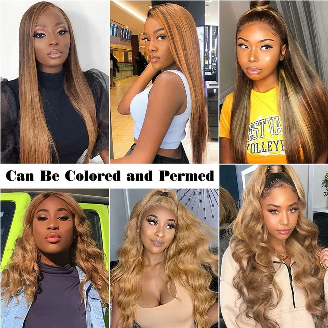 Ombre Highlight Lace Front Wig Human Hair 4/27 Brown To Blonde 13x4 Lace Frontal Human Hair Wig Pre Plucked With Baby Hair 24 inch 150 density
