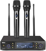 Charger l&#39;image dans la galerie, UHF Wireless Microphone, 2x100 Channels Metal Dual Professional Cordless Dynamic Mic Infrared Counter Frequency Handheld Microphone System for Home Karaoke DJ Meeting Party Church, 200FT
