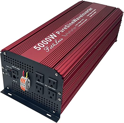 Fit4Less Pure sine Wave Power Inverter 5000W Continuous Output Power with Multiple sockets and LCD Wire Remote kit, Heavy Duty Battery Connecting Cables Included (12V)