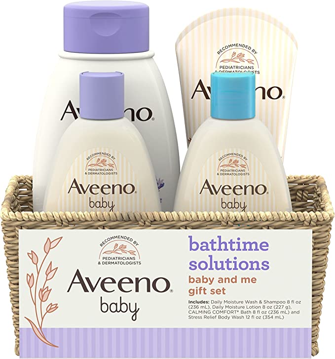 Aveeno Baby Mommy & Me Daily Bathtime Gift Set including Baby Wash & Shampoo, Calming Baby Bath & Wash, Baby Moisturizing Lotion & Stress Relief Body Wash for Mom, Soap-Free, 4 items
