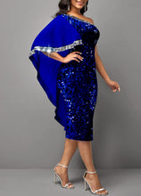 Charger l&#39;image dans la galerie, Skew Neck Royal Blue Sequin Dress
